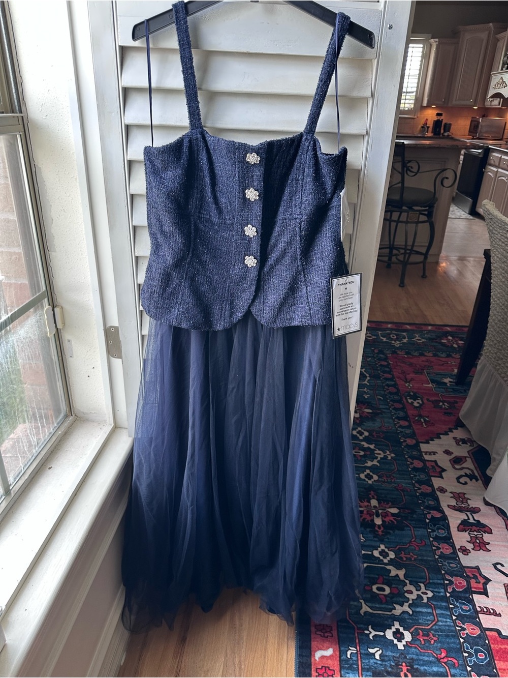 Taylor Navy Blue Tulle Formal Dress with Decorative Buttons
